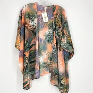 NWT Tropical Palm Tree Orange & Green Short Sleeve Kimono Top One Size